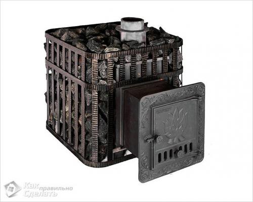 Банная печь с топкой из предбанника. Чугунная печь
